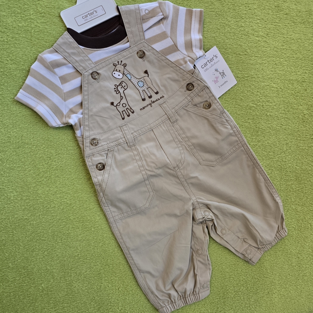NWT  6-9M  BOYS TAN OVERALLS + Striped TEE  GIRAFFE + MOMMY LOVES ME DESIGN (Q2)